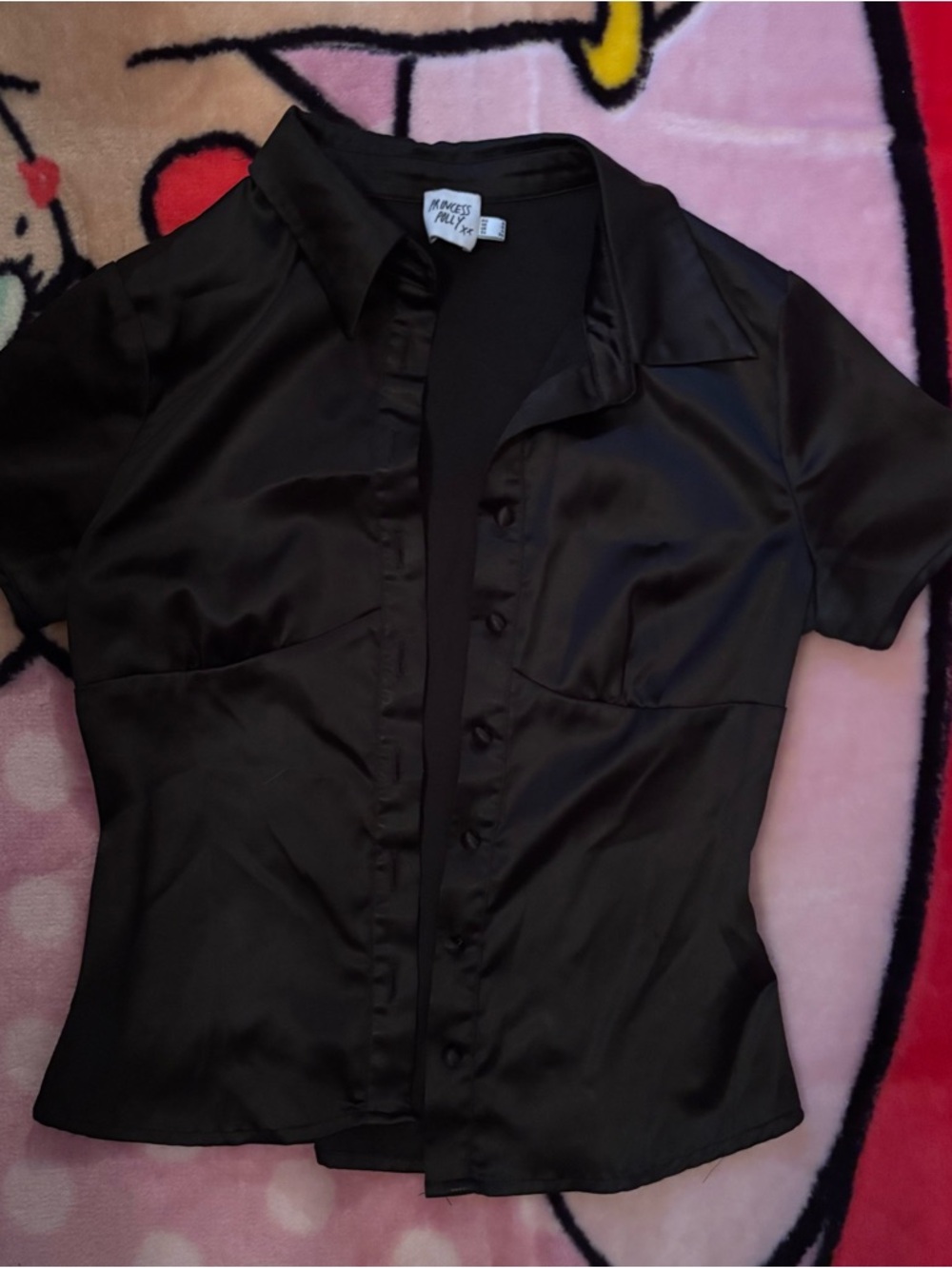 Princess Polly Black Satin Button-Up Short Sleeve Blouse